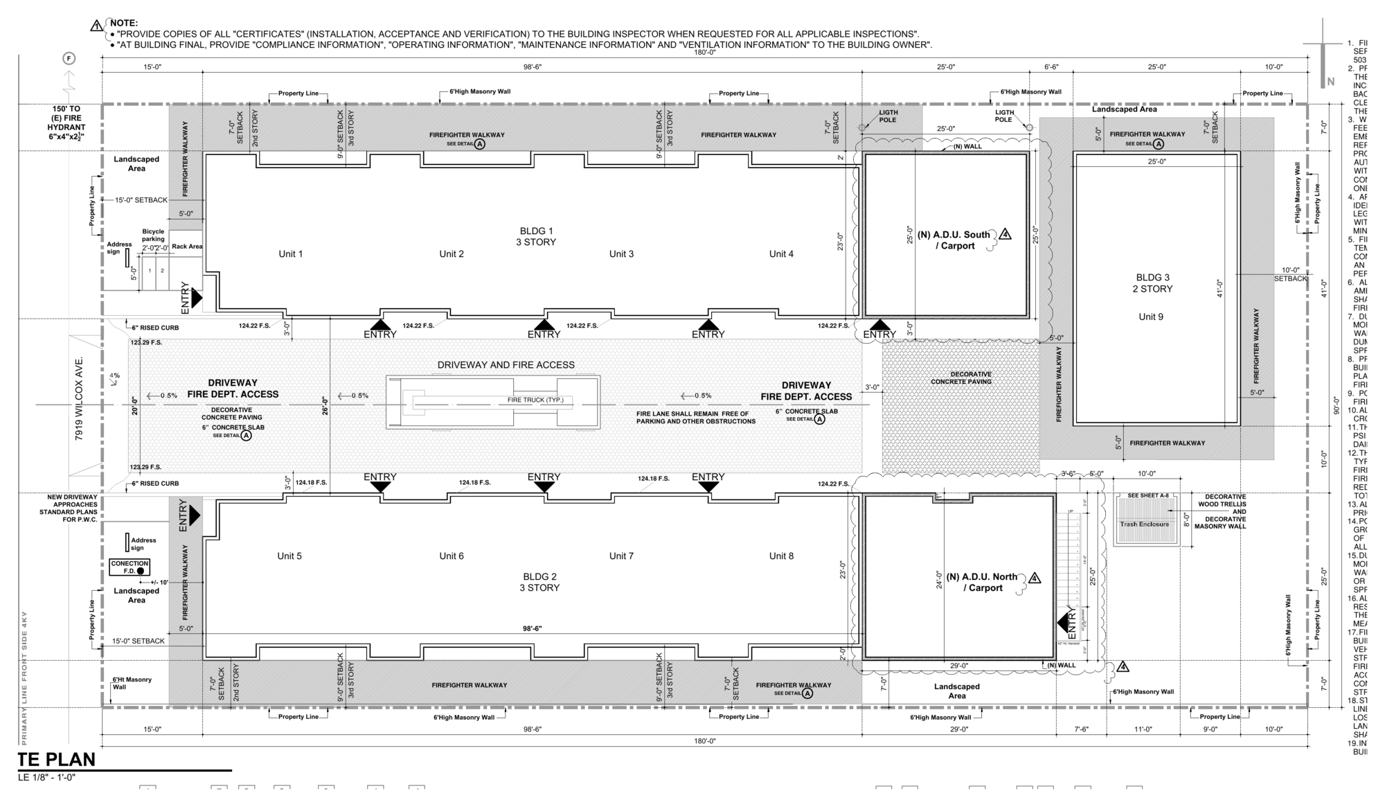 Site plan showing the three buildings, driveway and parking
